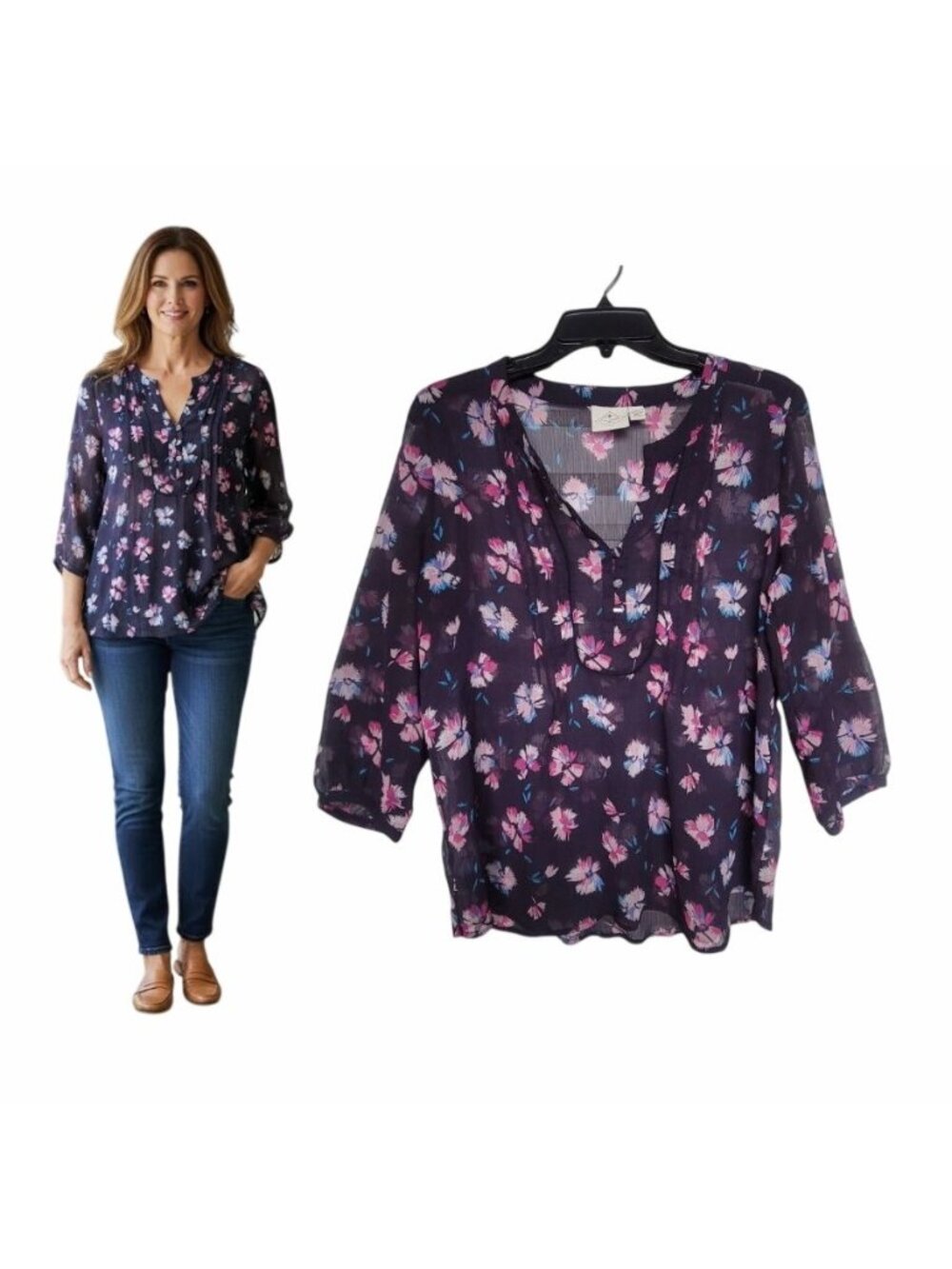 ⭐St. John's Bay Womens Size S Navy Blue Floral 3/4 Sleeve Blouse Transparent